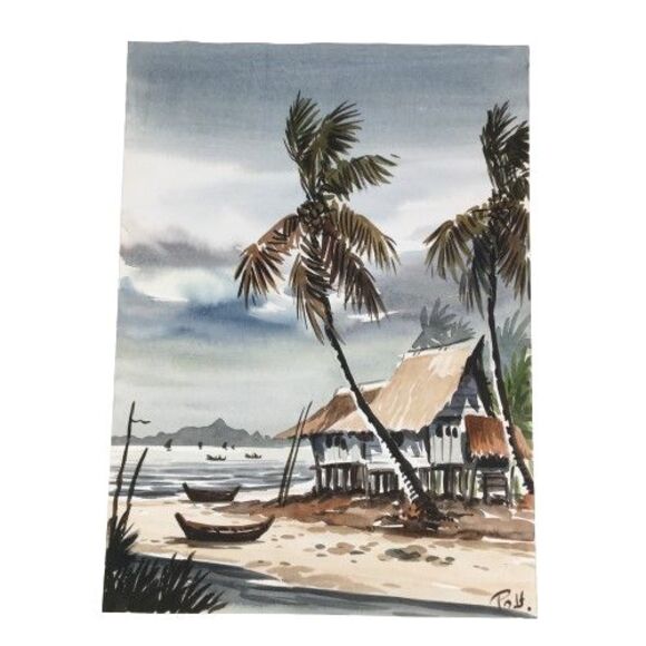 POH Signed Original Watercolor Painting Malaysian House on The Beach w/Boats - Picture 1 of 7